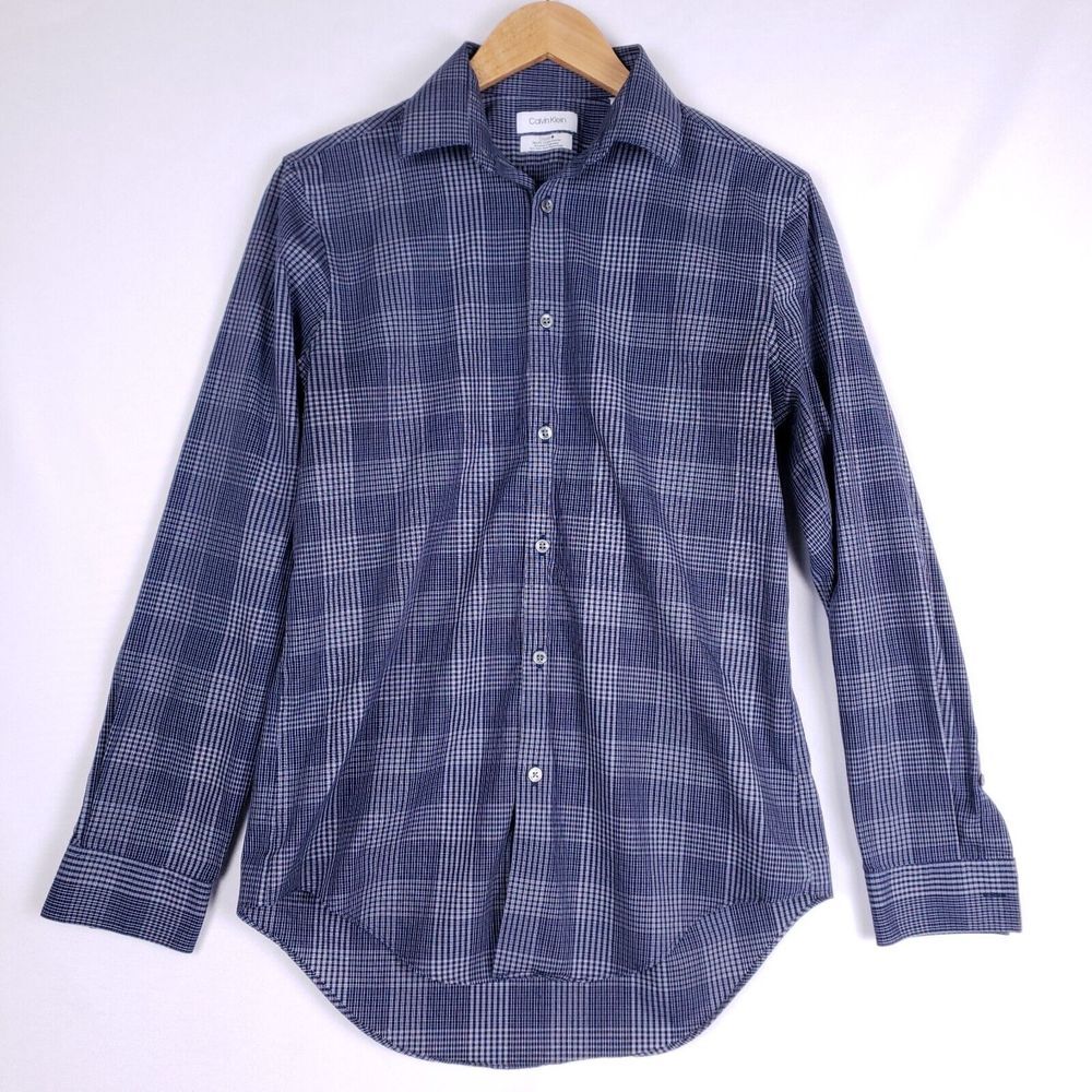 Calvin Klein Steel+ Shirt Men M Blue Plaid Button Up Slim Fit Non-Iron Business